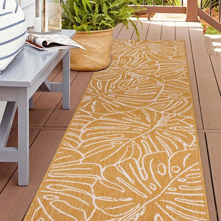 World Rug Gallery Contemporary Tropical Leaves Weather Resistant Indoor/Outdoor Runner Rug 2' x 7' Yellow 4031YELLOW2X7